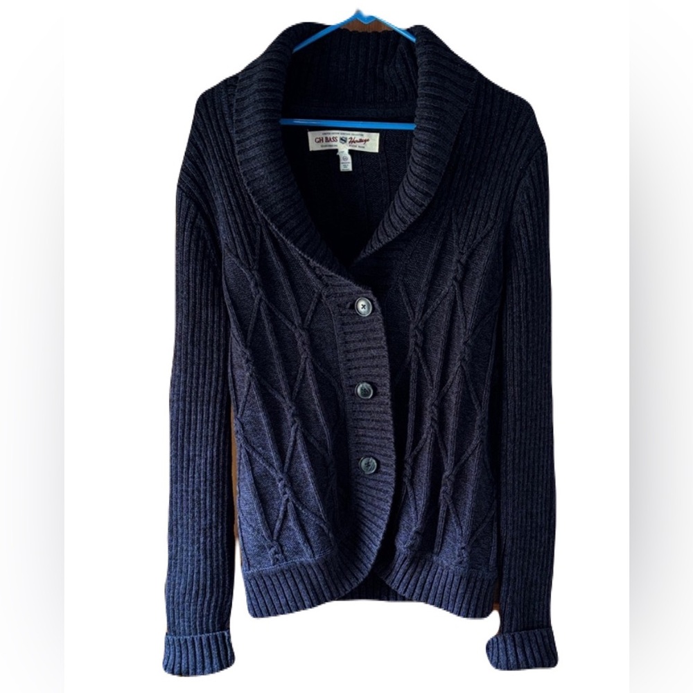 GH Bass Heritage Black Cable-Knit Shawl Collar Cardigan